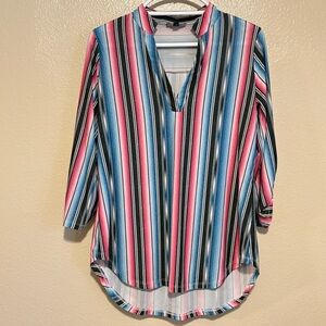 Cowgirl Hardware 3/4 Sleeve V-Neck Stripe Tunic Top Pink Blue Black White Medium